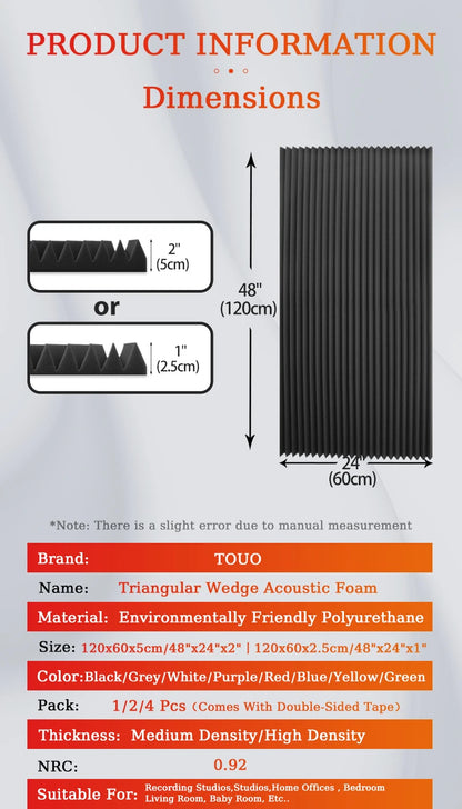 TOUO Wedge Soundproof Acoustic Foam Panels 47.2"x23.6" 1-4Pack Noise Absorbing Wall Tiles for Bedroom Music Room Studio