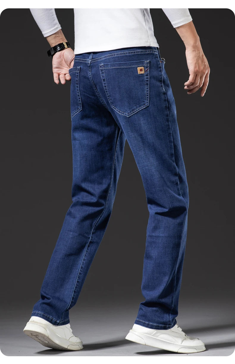 Große Größe 40, 42, 44, 46, lockere, gerade Jeans für Herren, Herbst, neue Business-Casual-Stretchhose, klassische blaue Denim-Hose für Herren.