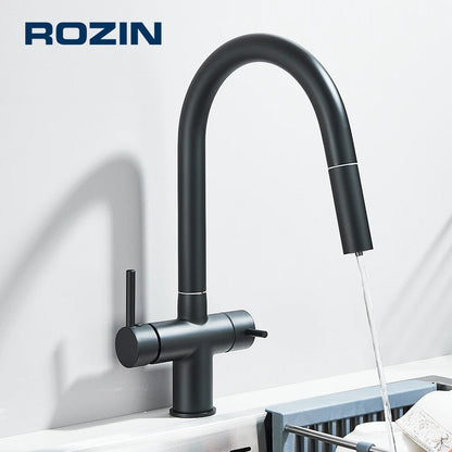 Filter Kitchen Faucet Pull Out Flexible Drinking Water Kitchen Faucets Dual Handle Metal 2 in 1 Hot Cold Water Mixer Tap