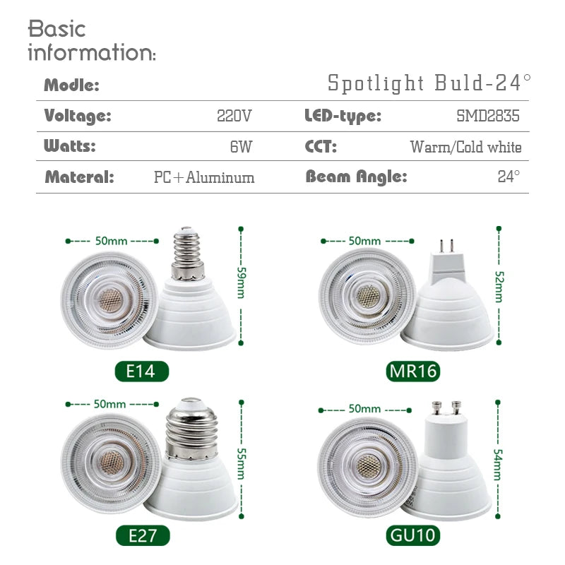 1-10PCS LED Strahler Birne E27 E14 MR16 GU10 AC220V 6W 24/120 Grad Strahl Winkel hohe Lumen Indoor LED Energiesparende Lichter Birne.