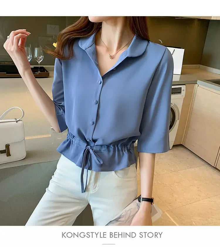 Summer Women All-match Solid Turn-down Collar Half Sleeve Chiffon Shirt Fashion Casual Shirring Single-breasted Blouses Female.