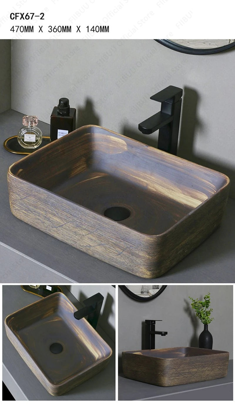 Braunes Keramikgefäß, Waschbecken, Waschtisch, Schüssel, ovaler Badezimmertisch, Waschbecken, Toilette, Balkon, Kunstbecken, über der Theke, Sockelwaschbecken