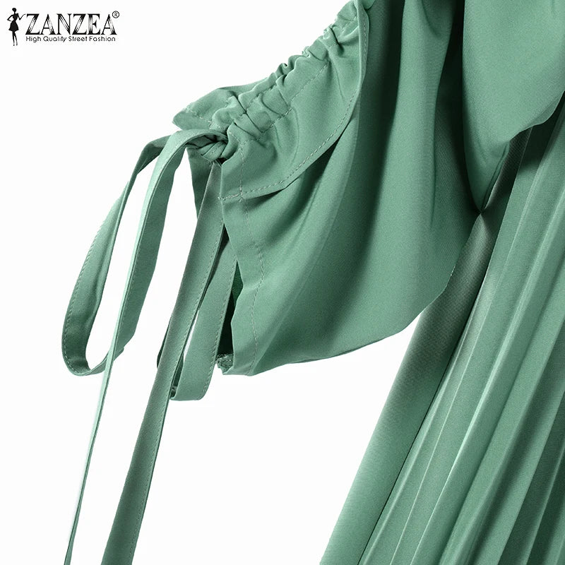 Muslim Hijab Dresses Abaya ZANZEA Spring Maxi Sundress Women Fashion Long Sleeve Pleated Party Dress IsIamic Clothing Robe Femme.