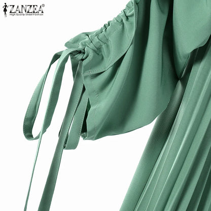 Muslim Hijab Dresses Abaya ZANZEA Spring Maxi Sundress Women Fashion Long Sleeve Pleated Party Dress IsIamic Clothing Robe Femme.