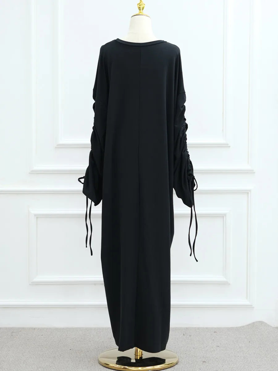 Muslim Women Arabic Dubai Abaya Drawstring sleeves Long Dress Modest Ramadan Kaftan Robe Femme musulmane Islam Clothing Kebaya.