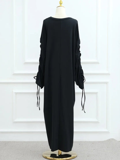 Muslim Women Arabic Dubai Abaya Drawstring sleeves Long Dress Modest Ramadan Kaftan Robe Femme musulmane Islam Clothing Kebaya.