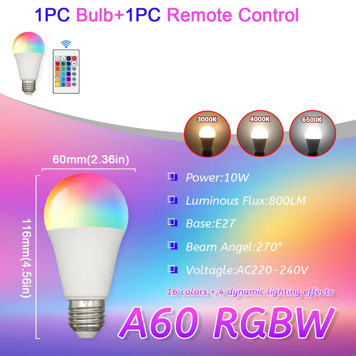 E27 RGB LED Light Bulb 220V 10W with IR Color Changing Control Remote Multicolor + White Lamp Spotlight for Bedroom Party Home