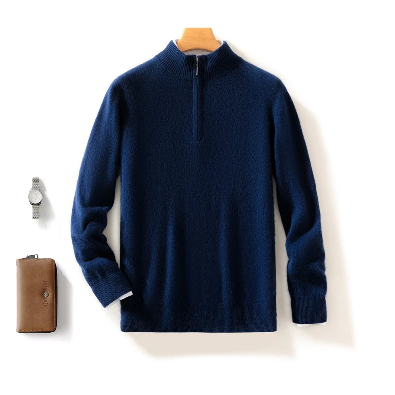 Autumn Winter Men's 100% Merino Wool Sweater Mock Collar Half Zip Knitted Pullover Cashmere Sweatshirt Casual Long Sleeved Tops.