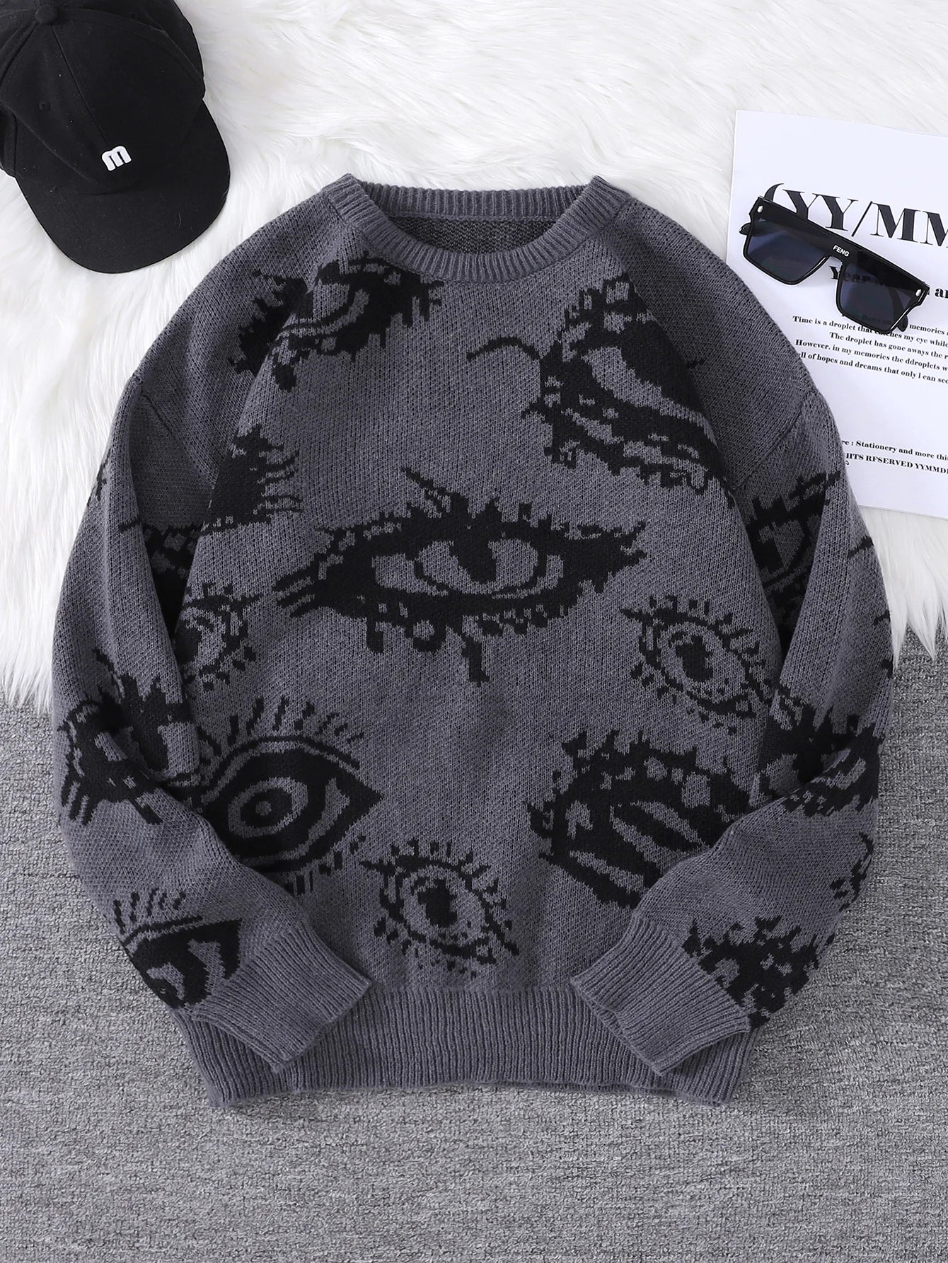 New Popular Autumn and Winter Abstract Eye Jacquard Pattern Pullover Sweater Casual Round Neck Knitted Men's Pullover.