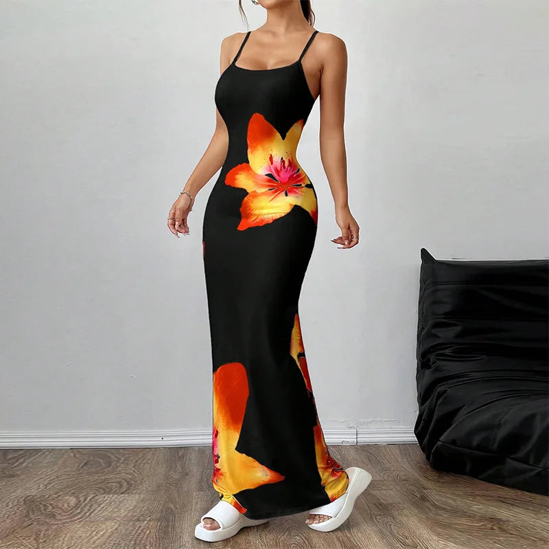 Frauen Floral Bedruckte Spaghetti Strap Slash Neck Maxi Kleid Sommer Backless Sexy Bodycon Strand Urlaub Urlaub Party Lange Dresse.