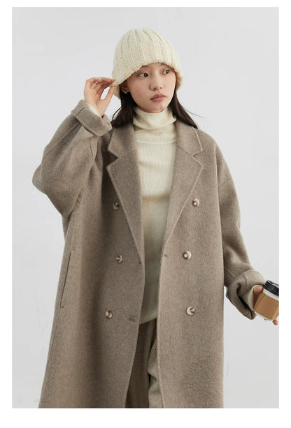 CHIC VEN Frauen Woolen Mantel Zweireiher Grundlegende Lose Beiläufige Retro Neue Lange doppelseitige Weibliche Mantel Herbst Winter 2024