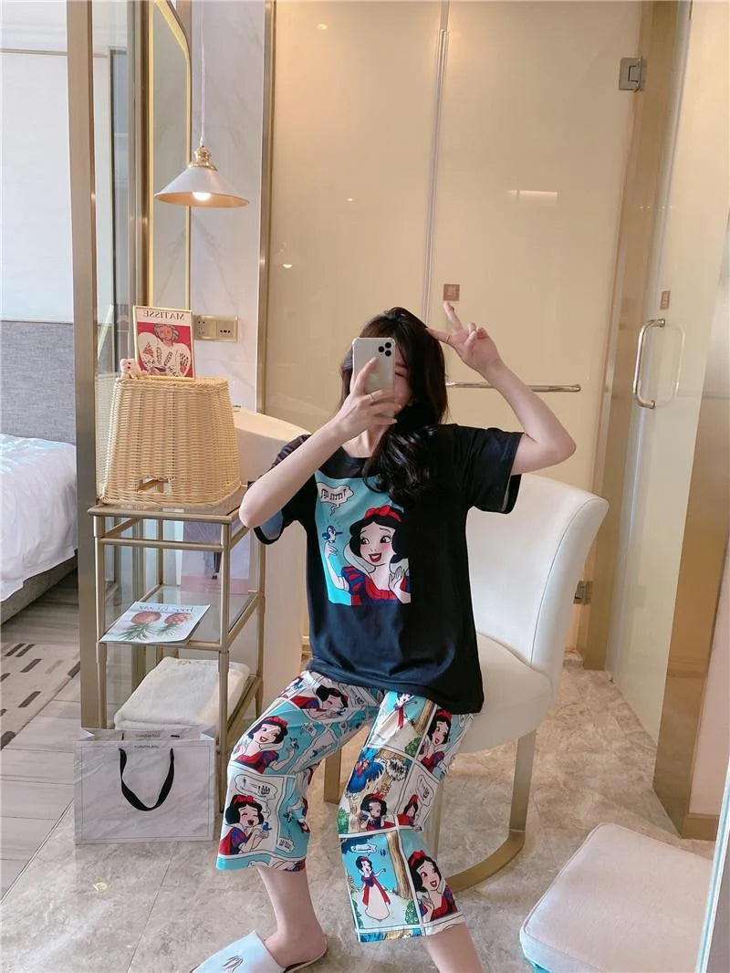 Sommer Pooh Bär Nachtwäsche frauen Lose Bequeme Cartoon Print Hause Kleidung Set Kurzarm Nachthemd Mickey Pyjama Set.