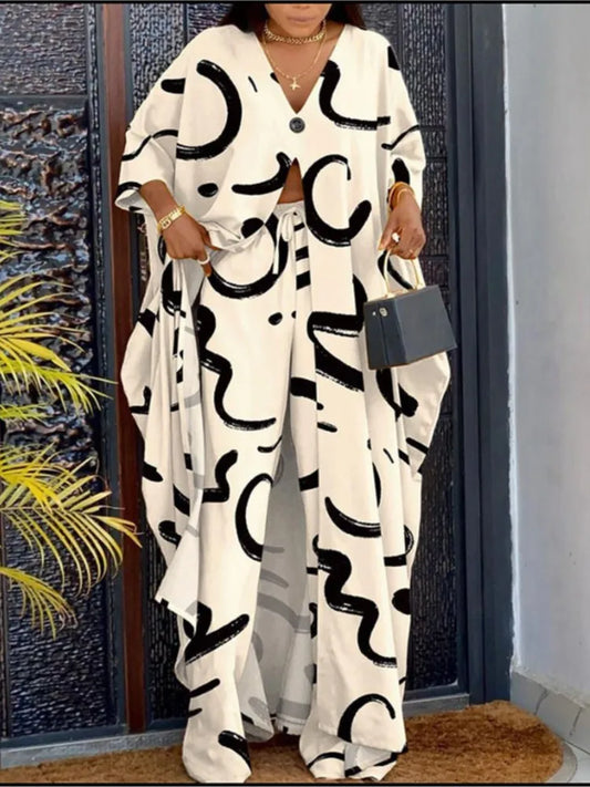 2023 Spring Summer New Women's V-neck Loose Long Sleeved Top Letter Printing Fashion Casual Open Front Women's Pants Set.