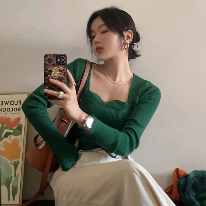 Gestrickte Pullover Frauen Vintage Solide Pullover Herbst Winter Koreanische Elegante Dünne Strickwaren Quadrat Kragen Alle Spiel Jumper Neue.