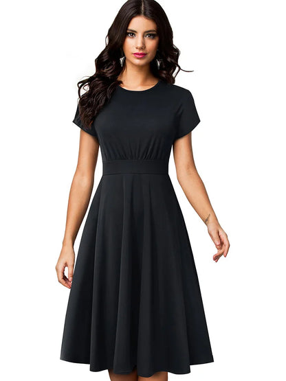 Nice-forever Vintage Elegante Blumen Druck Plissee Rundhals vestidos A-Line Pinup Business Party Frauen Flare Swing Kleid A102