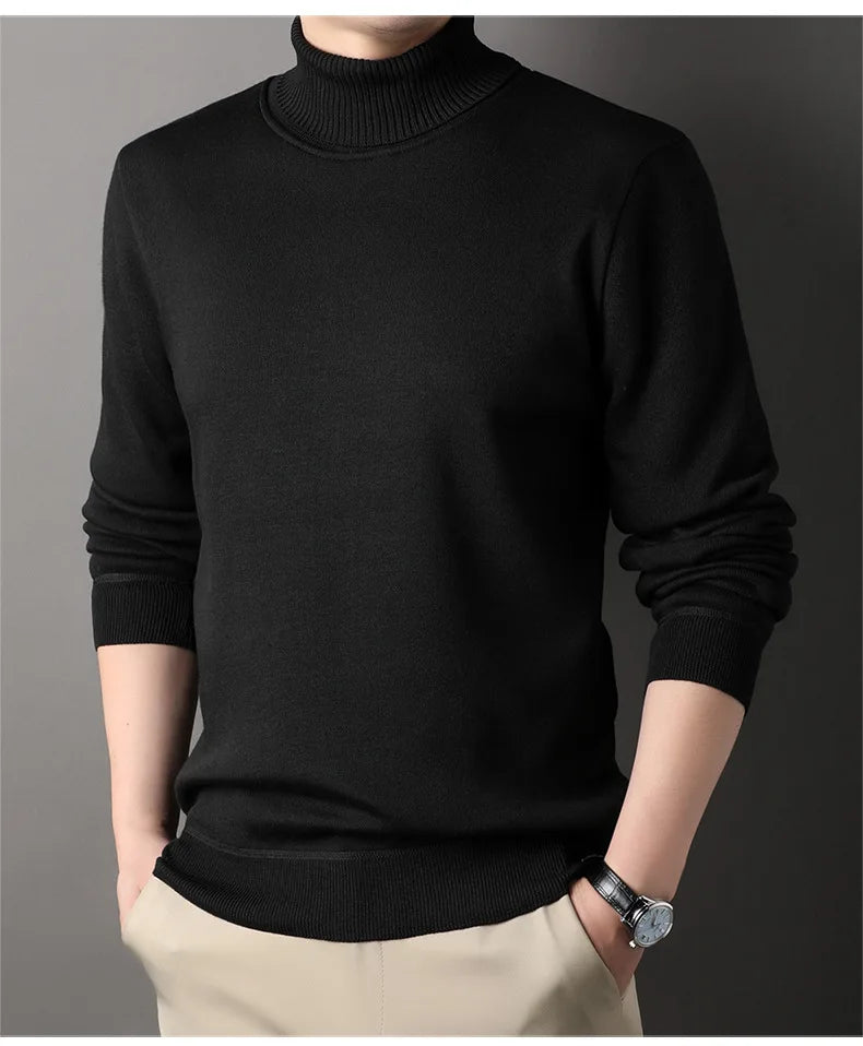 Men's Autumn Winter New Turtleneck Sweater Warm Cozy Solid Color Casual Bottom Knitted Pullovers Male Fashion Knitwear