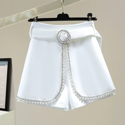 2025 Spring Summer New Simplicity Fashion Diamonds High Waist Shorts Women Clothes Fashion Patchwork Solid Color Wide Leg Pants