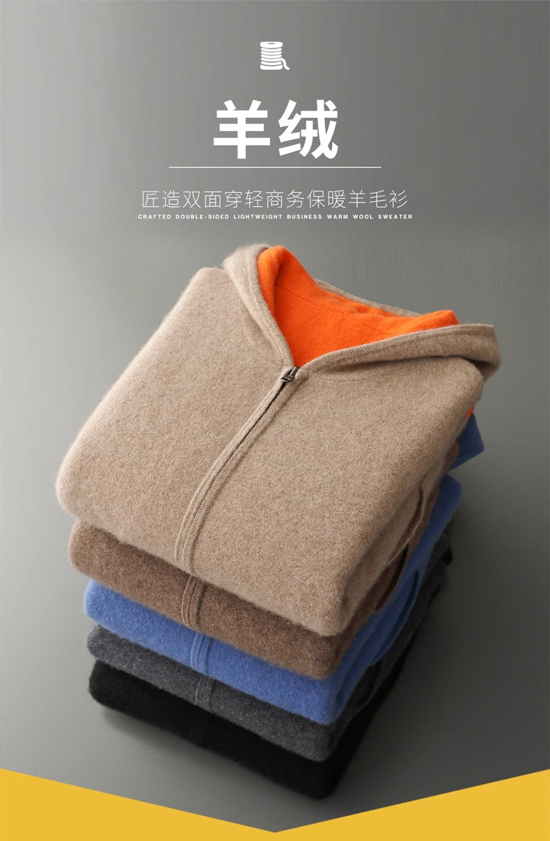 Autumn Winter Pure Cashmere Sweater Double-sided Cardigan Men's Casual Zipper Thickened Cashmere Knitted Hooded Sweater Coat.