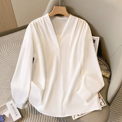 Big Size Women Shirts 2025 Spring Autumn Long Sleeve Office Lady V-Neck Solid Color Blouses Elegant and Youth Woman Tops