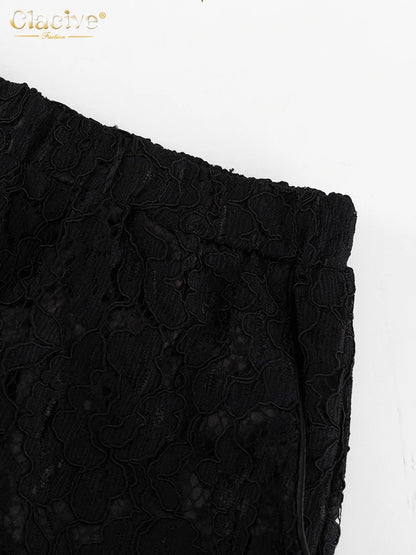 Clacive Sexy Loose Black Lace See Through Trousers Sets Women 2 Pieces Fashion Long Sleeve Shirt With High Waist Wide Pants Set.