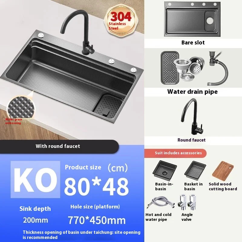 Stainless steel Kitchen Sink Thick Embossed Large Single Slot vegetable washbasin Dishwashing Sink Undermount Basin