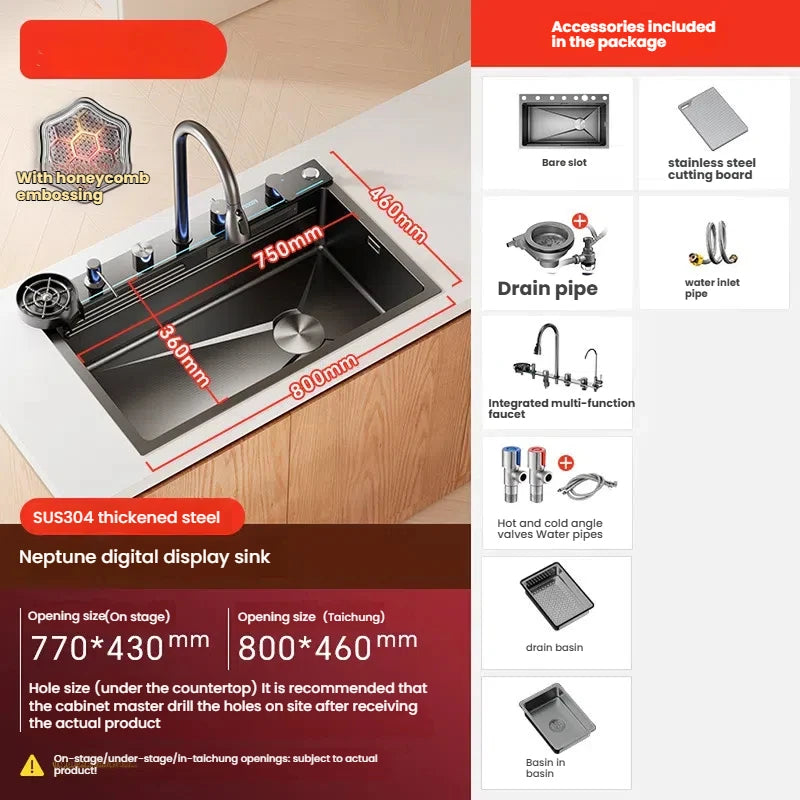 Intelligent Waterfall Stainless Steel Kitchen Sink MultiFunctional Digital Display Porous Large Single Slot Wash Dish Basin