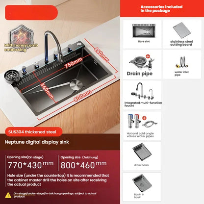 Intelligent Waterfall Stainless Steel Kitchen Sink MultiFunctional Digital Display Porous Large Single Slot Wash Dish Basin