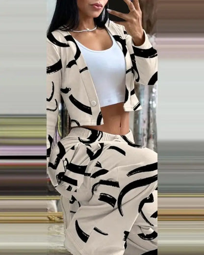 Women's Spring Summer New Fashionable Solid Color Printed Sexy Waist Short Top Casual Pants Set For Women