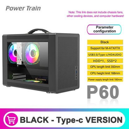 Power Train P60 Desktop MATX Case Handheld Portable Mesh Version PC Small Chassis Supports 350mm Graphics Card Type-C Interface