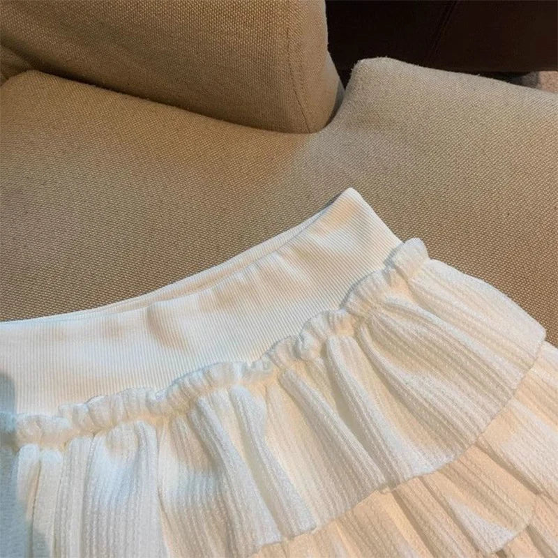 Sweet Puffy Cake Women Skirts Korean Fashion Ruched Ruffle Mini Skirt Campus Harajuku Casual Versatile Elastic Waist Solid Skirt.