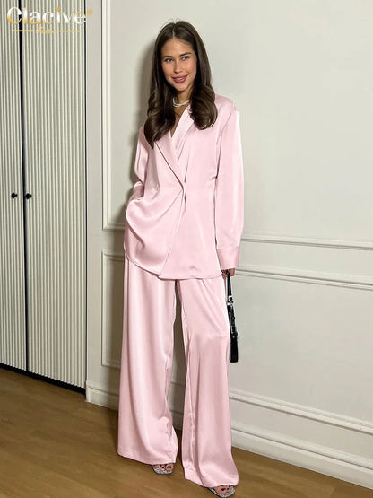 Clacive Fashion Loose Pink Satin Pants Sets For Women 2 Pieces Elegant Long Sleeve Shirt With High Waist Wide Trousers Suits.