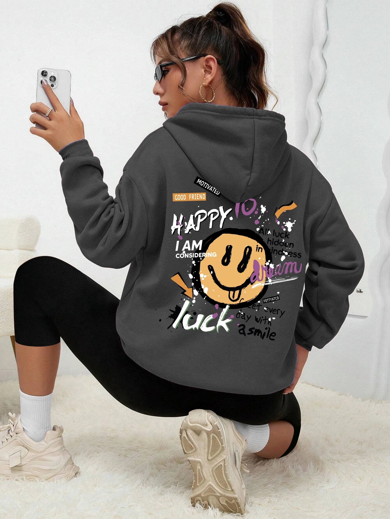 Interesting Graffiti Printing Women Hoodie Fashion Street Hoody Casual Versatile Sweatshirt Autumn Fleece S-Xxl Female Clothing