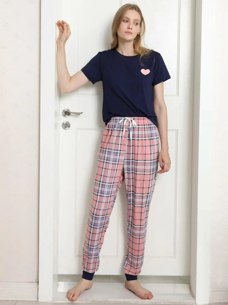 Zweiteilige Damen New Style Love Pattern Kurzarm Bluse Plaid Hose Casual Pyjamas Home Anzug.