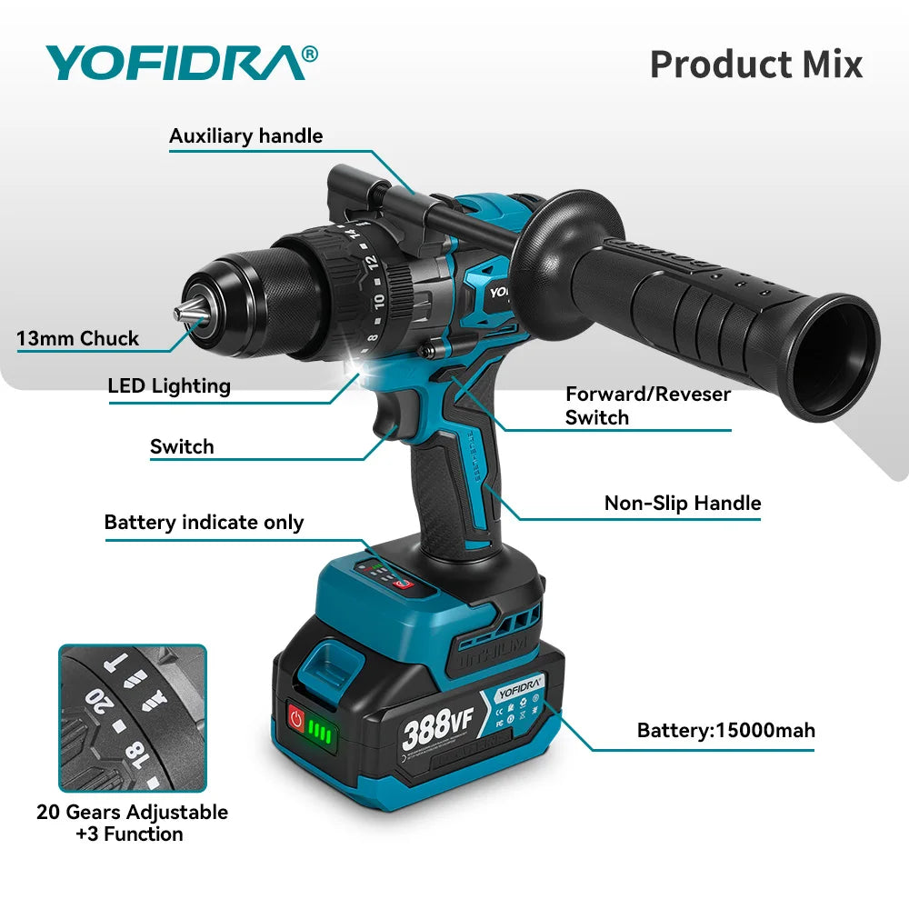 YOFIDRA 900N.M 13MM Bürstenlosen Elektrischen Schlagbohrmaschine 20 + 3 Drehmoment Handheld Bohren Schraubendreher Power Tool Für Makita Batterie pin