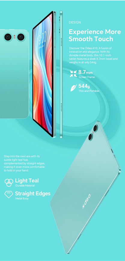 Odea A10 Tablet 10.1" IPS Android 14 T606 Octa-core Max 12GB(4GB+8GB) RAM 128GB ROM Type-C Widevine L1 Earphone Jack Face Unlock.