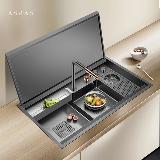 ASRAS Nanometer Black Flip Cover Hidden kitchen Sink 304 Stainless Steel 4mm Thickness Handmade Stepped Sinks Cup Rinser Sinks