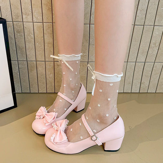 Plus Size Mary Jane Single Shoes Summer New Round Toe Open Toe Bow Slip Strap Anti-Slip Wear-Resistant Square Heel Shoes.