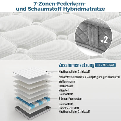 Orthopädische Kaltschaummatratze 90 x 200 cm, Matratze mit 7-Zonen-Taschenfederkernen, mittelfest – OEKO-TEX ®    Zertifiziert