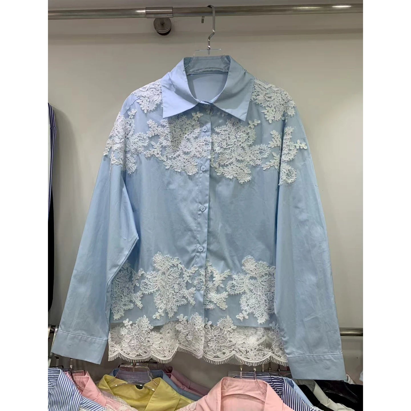 Women's Long Sleeved Striped Patchwork Lace Top 2025 Autumn Korean Fashionable Versatile Casual Shirt.