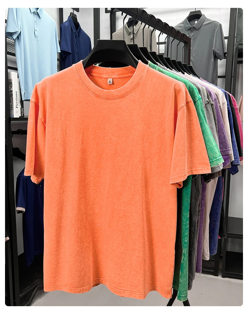 Personality washed vintage short sleeve T-shirt high-end 100% pure cotton men fashion round neck comfort lightweight casual top.