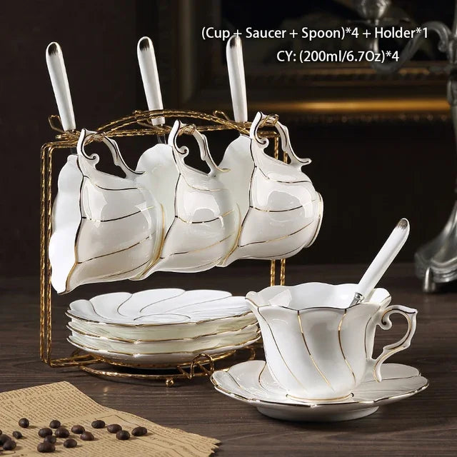 Gold Inlay Bone China Coffee Set Europe Porcelain Tea Ceramic Pot Creamer Sugar Bowl Teapot Cup Mug Coffeeware.