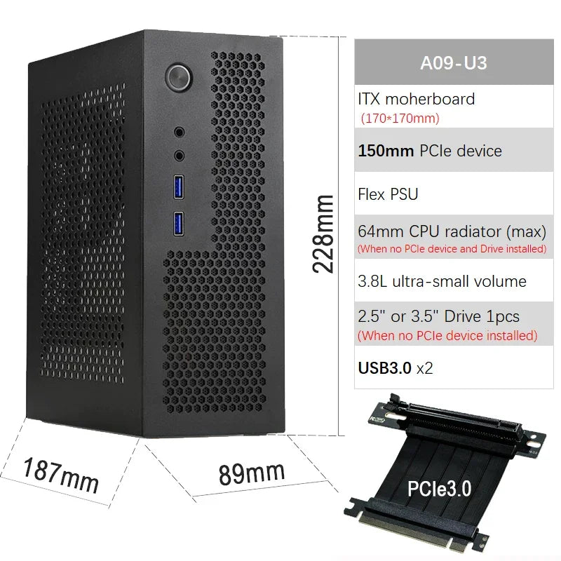 A09 3.8L ITX Chassis A4 HTPC Portable Computer PC Support PCIe 2.5' SSD Drive Mini IPC Flex PSU Case