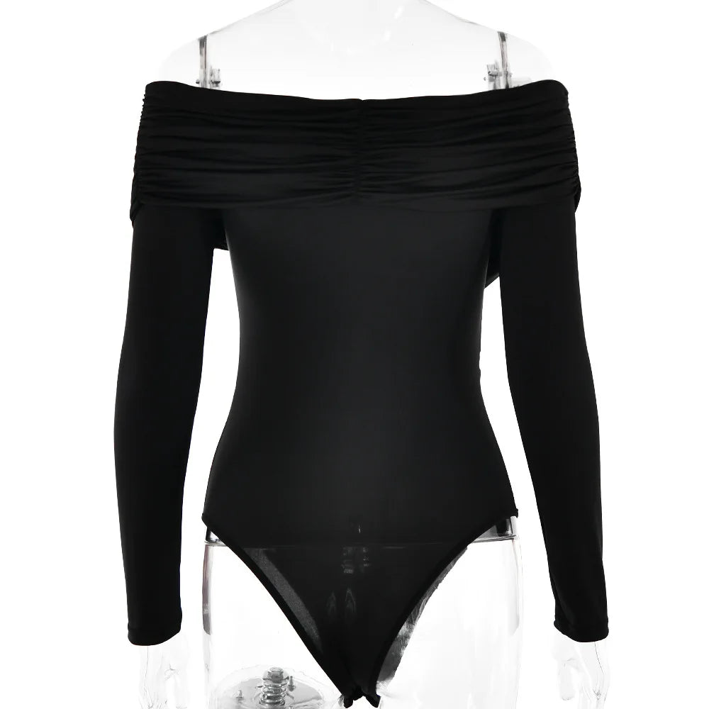 Cryptographic Fashion Off Shoulder Ruched Wrap Bodysuits Outfits for Women Elegant Skinny One Piece Long Sleeve Tops Solid.