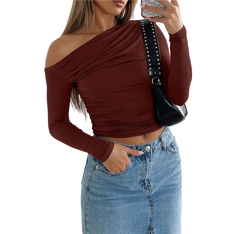 NEW-Women's Casual Long Sleeve Boat Neck Off Shoulder Slim Fit Crop Top Going Out Blouses Y2K Tight Shirts.