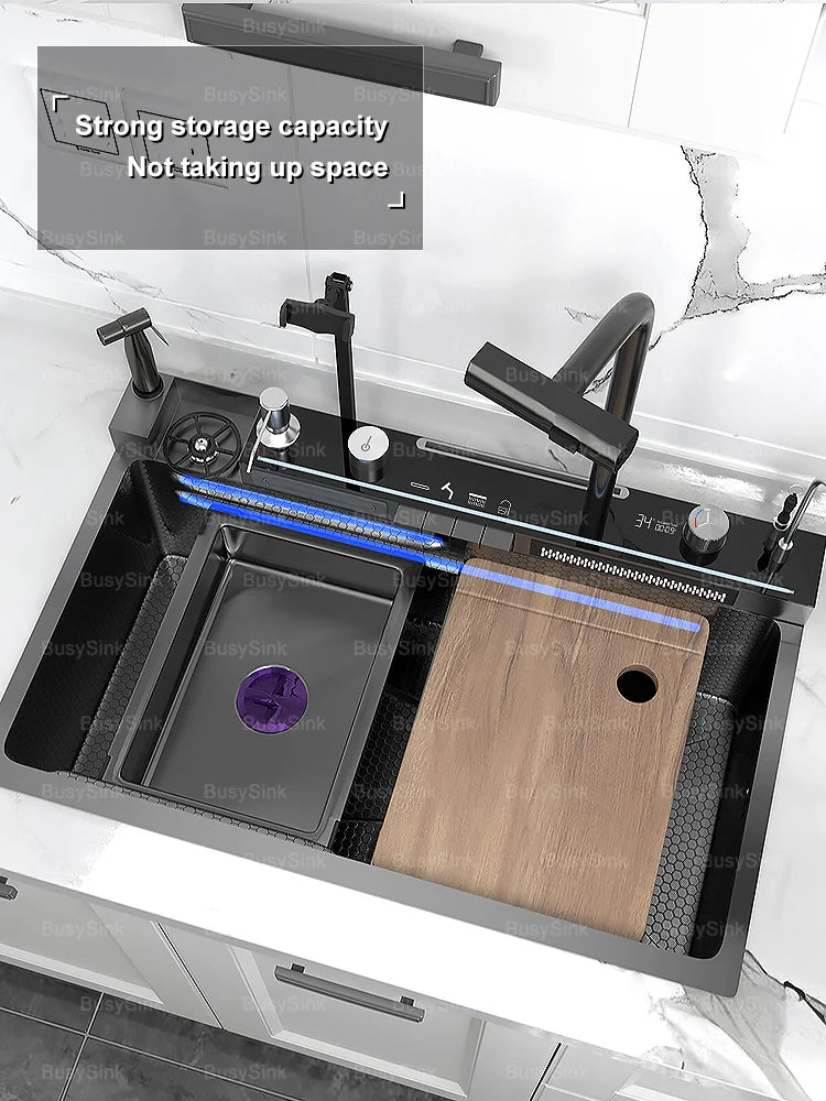 Household Digital Display Piano Button Waterfall Faucet Stainless Steel Kitchen Sink Large Single Bowl Multifunctional Wash Slot