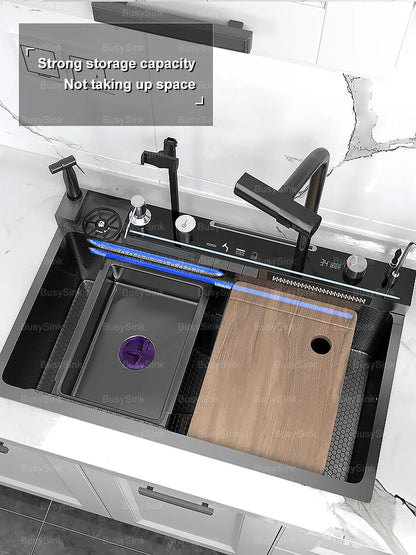 Household Digital Display Piano Button Waterfall Faucet Stainless Steel Kitchen Sink Large Single Bowl Multifunctional Wash Slot