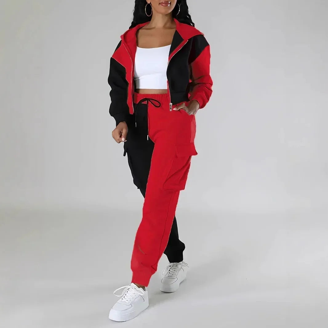 Women Loose Autumn Winter Two Pieces Suit Matching Sets Hoodie Tracksuit Blocked Zipper Short Outerwear Drawstring Cargo Pants.
