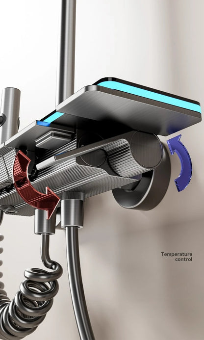 Graues Duschsystem mit Umgebungslicht, intelligentes digitales Duscharmatur-Set, Temperaturanzeige, Regen-Badezimmer-Duschset