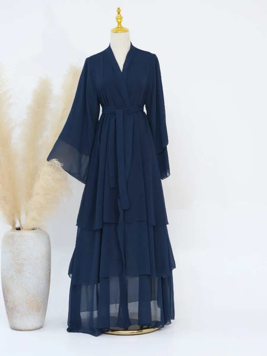 Eid Muslim Abaya for Women Chiffon 3 Layers Cake Party Cardigan Robe Jalabiya Dresses Ramadan Morocco Abayas Kaftan Vestidos