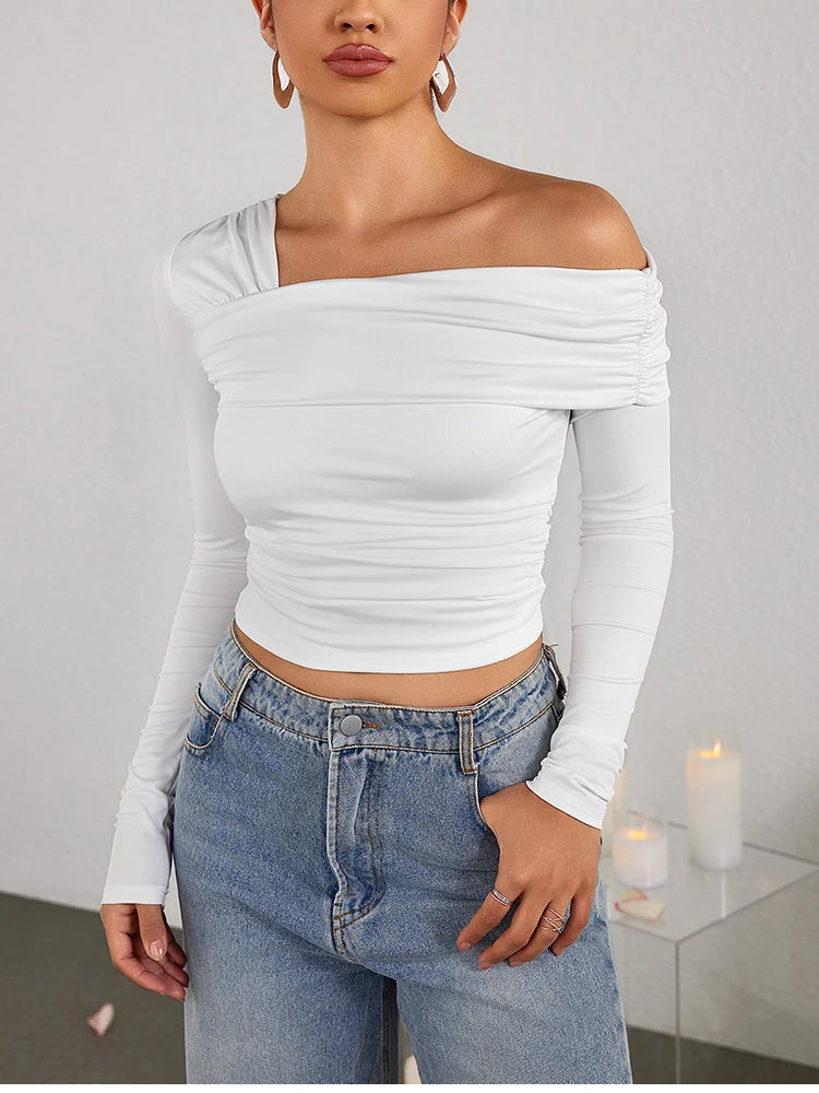NewAsia Sexy Tight One Shoulder Top Long Sleeve Double Layer Crinkle Texture Asymmetrical Party Chic Blouse Women Fashion Tops
